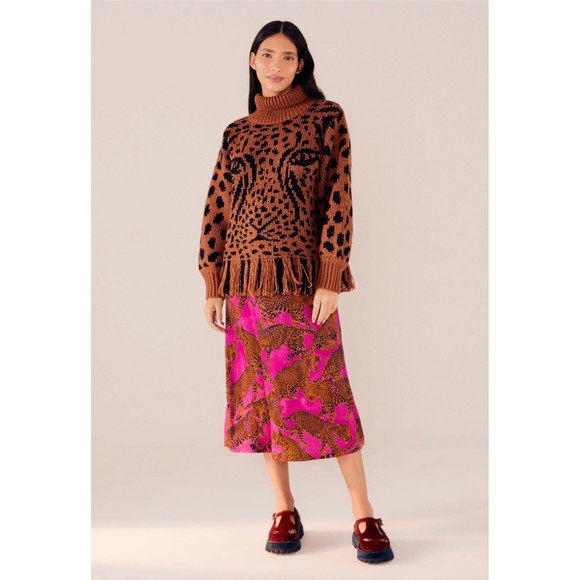 Farm Rio Leopard Fringe Sweater S Turtleneck Pullover Brown Black Knit Wool New - Picture 8 of 11